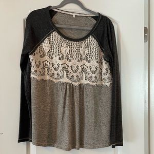 Maurice’s - lace overlay accent baseball style, soft. EUC. Size L